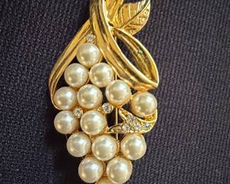 Vintage Trifari Faux Pearl and Rhinestone Grape Cluster Brooch