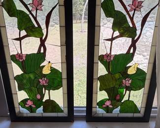 Pair of Art Nouveau Style Stained Glass Window Panels with Lotus Flowers