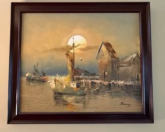 Original Oil Painting of Coastal Harbor Scene by J. Ferrugay