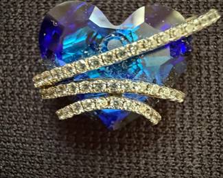 S925 Sterling Silver Blue Crystal Heart Pendant Necklace