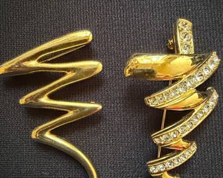Vintage Monet Gold-Tone Zig Zag & Rhinestone Brooch Pair