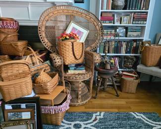 Grand Peacock chair, Longaberger baskets, vintage books, framed vintage art