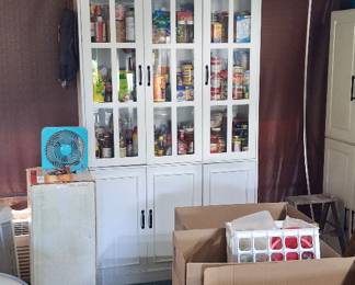 Boxes of household items, cabinet