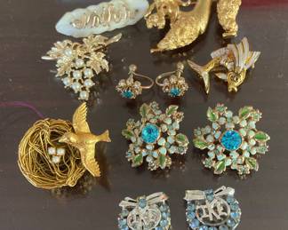 “Jeanne” bird & nest, “Emmons” grapes, “Monet” poodle, “Spain” fish, duo pins, IKE earrings