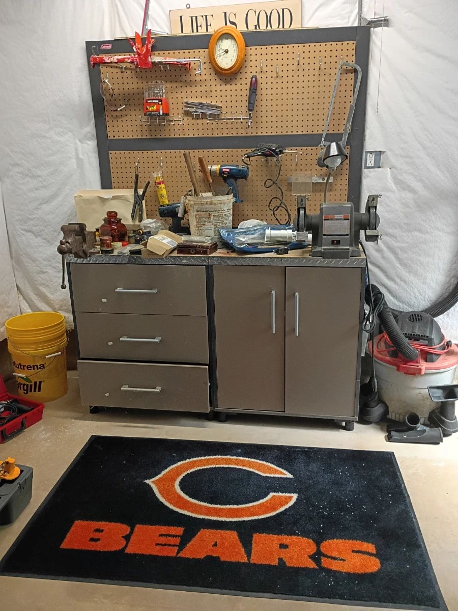 Chicago Bears rug and tool bench
