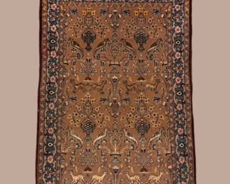 Earth-tone striped rug featuring horizontal bands in brown, gray, rust, blue, and muted neutral tones.