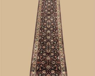 Long dark runner featuring a finely detailed repeating traditional pattern in burgundy, ivory, gold, and navy.