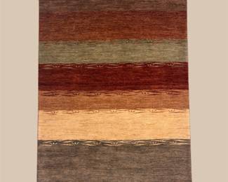 Contemporary striped rug featuring rich horizontal bands of red, gold, brown, orange, and charcoal.