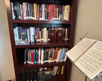 Books. Book shelf. Bookends. Music stand. Christian library. Yearbooks. Bookcase  