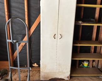 Tin garage cabinet for tools and storage. Dolly. 