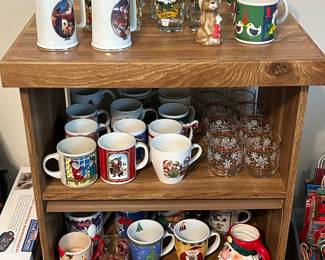 Christmas mugs. Rolling cart. 