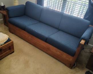 One of 4 sofas available at this sale this one is so cool  1980s pine frame also has a matching chair and ottoman and 2 tables