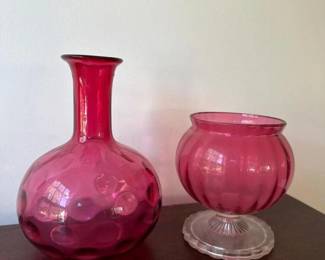 144 cranberryglassvaseandcompote