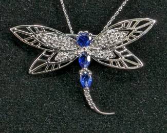 10K White Gold, Sapphire, And Diamond Dragonfly Brooch/Pendant, Marked "HN", On 18.25" 10K White Gold Chain