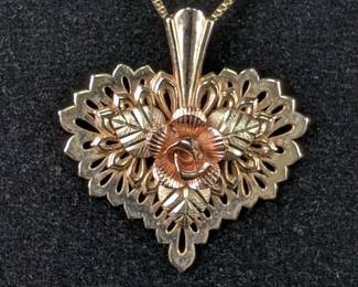 10K Rose, Green, And Yellow Gold Pendant With Rose And Heart Design, Marked "C.C0", On 20" 925 Sterling Silver Chain