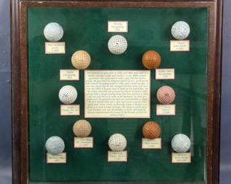 Evolution Of Golf Balls (1848-1936) With Educational Text Panel Framed In Shadow Box, 17.5" x 17.5" x 2.5"