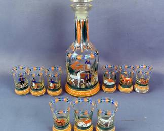 HandAlpine Folk Art Painted Glass Decanter And Shot Glass Set
