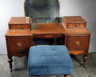 Wooden Rolling Vanity Desk, 26.5" x 43.5" x 17.5" With Detachable Beveled Mirror, 46" x 44" And Upholstered Stool, 16.5" x 18" x 16"