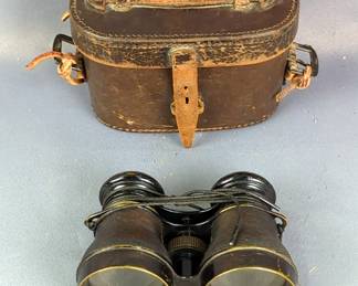 Vintage Brass And Leather-Wrapped Field Binoculars In Leather Case Inscribed Joh. Ed Ising Inh. A. Leonard Essen Ruhr