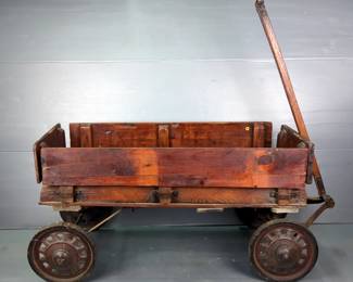 Antique Dixie Reel Wooden Coasting Wagon With Metal Wheels And Pull Handle