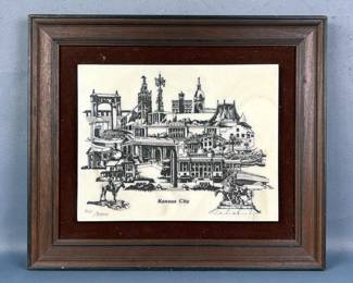 David Gray (Kansas City 1951-2018) Limited Edition Ink On Marble Etching "Kansas City" Numbered And Framed, 825/2500, 13.25" x 15.5"
