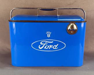 Ford V8 5 Gallon Metal Cooler With Attached Bottle Opener, Approx 12” x 17” x 9”