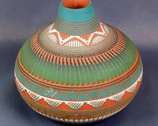 Handcrafted Signed Hilda Whitegoat Navajo Etched Pottery Vase, Approx 5" x 6"