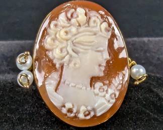 14K Gold, Shell Cameo, And Pearl Ring, Artist Marked, Size 7