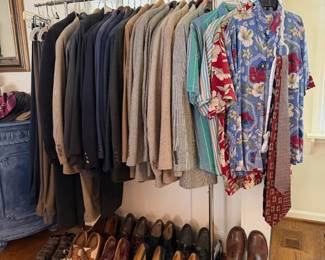 Various dry-cleaned designer, and regular blazers, suits, shirts, shoes.