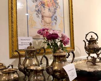 $100 - Sheridan Silver on Copper,&nbsp; 5 piece set, Coffee Pot, Teapot, Covered Sugar, Creamer, Waste Bowl