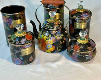 MacKenzie-Childs tea kettle and set - 6 pieces
