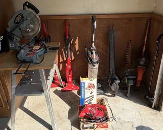 Miter saw, vacuum cleaners, electric leaf blower & hedge trimmers