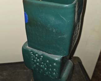 This object appears to be a vintage green-glazed ceramic or pottery stacking/geometric block vase, sharing style elements with mid-century modern or 1970s European art pottery (such as West German or East German/Haldensleben designs) featuring textured dot or grid patterns