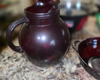 Anchor Hocking Royal Ruby Red "Roly Poly" / Ball Pitcher with an integrated ice-lip spout.
