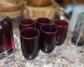 Vintage Anchor Hocking Royal Ruby Roly Poly Tumblers in a deep ruby red color, produced from the late 1930s through the 1960s