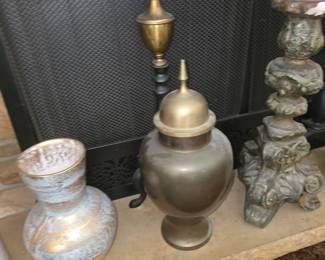 vintage solid brass ginger jar, temple urn, or lidded vase made in India (commonly mid-century decor)