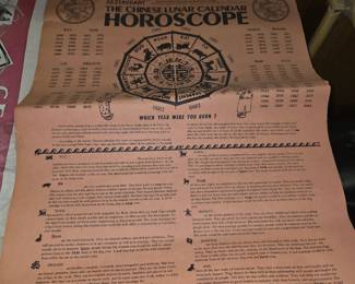 vintage paper placemat or poster from a Chinese restaurant featuring a Chinese Lunar Calendar and Horoscope wheel with the twelve zodiac animals.
