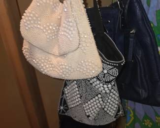 vintage white plastic beaded handbag, often called a "candy dot," "bubble bead," or "gumdrop" purse, frequently made in Hong Kong during the mid-century to 1970s era (such as those labeled by Bonnie)