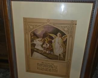 The Guardian Angel showing a winged angel guiding two young children across a rickety footbridge over turbulent water, often derived from classic 19th-to-20th-century German/European lithographs and postcards
