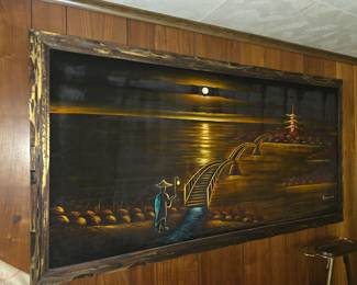 vintage panoramic black velvet painting featuring an Asian-inspired night landscape with a moonlit river, a arched bridge, a figure with a lantern, and a pagoda