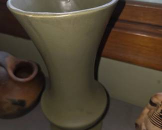 vintage McCoy Floraline matte green vase (Model #401), standing approximately 9.5 inches tall