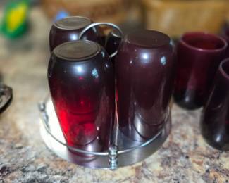Vintage Anchor Hocking Royal Ruby Roly Poly Tumblers in a deep ruby red color, produced from the late 1930s through the 1960s