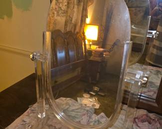 appears to be a vintage mid-century modern Lucite tabletop vanity mirror, closely resembling designs by American acrylic furniture designer Charles Hollis Jones from the 1960s or 1970s