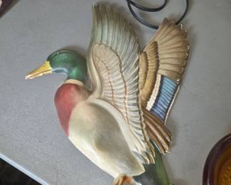 This item appears to be a vintage 1960s molded plastic or chalkware mallard duck flying wall plaque, similar to mid-century modern (MCM) decorative wall art commonly produced around that era.