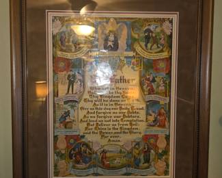 Victorian or early 1900s chromolithograph print featuring The Lord’s Prayer ("Our Father") surrounded by illustrations of the Ten Commandments