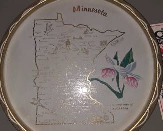 vintage 1960s–1970s state souvenir round metal/tin tray featuring a map of Minnesota, gold-scalloped trim, and the state flower (the Pink and White Moccasin