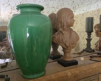 large, glossy green ceramic/pottery vase or oil jar (resembling mid-century designs such as a Bauer Pottery spruce green oil jar, a vintage Scheurich West German green ceramic vase, or a Haeger pottery green vase