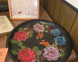 vintage Mexican folk art hand-painted wooden batea tray or bowl (often referred to as a batea michoacana).