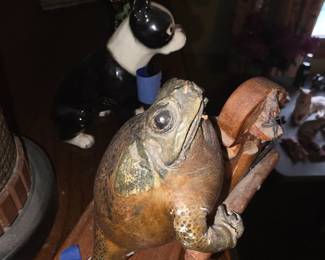 vintage anthropomorphic taxidermy or folk art sculpture of a toad or frog playing a stringed instrument (such as a violin, cello, or bass) mounted on a small wooden base
