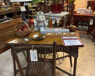 Oak top & wicker Haywood Wakefield table, desk, entry...